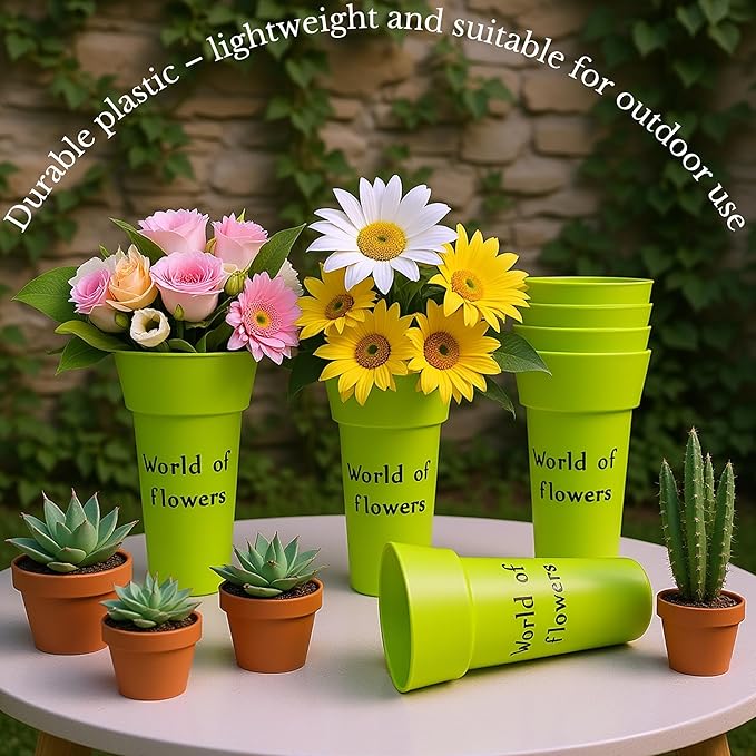 VITAGIR. Set of 6 Buckets for Cut Flowers in Plastic Green Matte Color 14 Inch, Flower Buckets for Flower Bar Ideal for Displaying Flowers in Florist Shop or as Home. (Green)