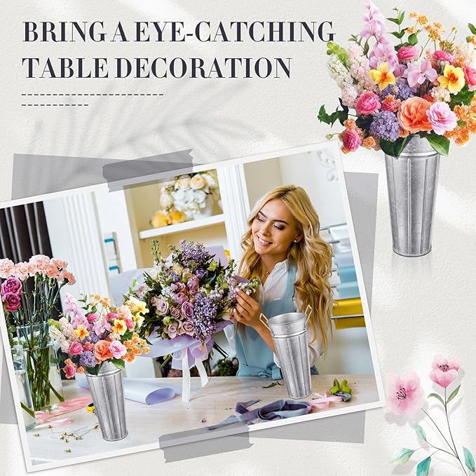 Lallisa 24 Pcs Metal Vases 9 Inch Galvanized French Farmhouse Flower Buckets with Handles and Hemp Rope, Vintage Style Flower Containers for Country Wedding Party Table Centerpiece Decor(Silver)