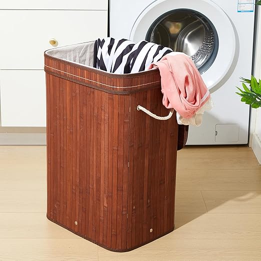 2 Pack Bamboo Slim Trash Can with Lid, 21 Gallon Large Rectangular Trash Bin, Foldable Slim Garbage Can Bamboo Waste Basket for Bathroom Bedroom Office Home Salon Spa (Brown)