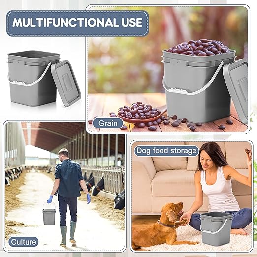 Mumufy 5 Pcs 3.5 Gallon Square Food Grade Bucket with Lid Square Bucket Pail with Plastic Handles for Storing Dry Food, Charcoal, Camping, Fishing (Gray)