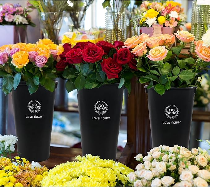 16 Inch Tall Flower Buckets Set with Cutout Handle, Set of 4 Plastic Floral Vase Bucket for Cut Flowers Home Wedding Decoration, Black