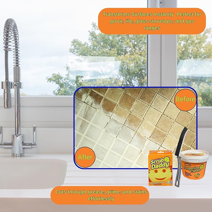 Tangerine Clean All-Purpose Household Cleaner Kit - 99% Plant-Based Cleaning Paste with Brush & Scrubber - Grout Cleaner for Tile Floors & Cleaning Tools for Sink, Stove, Kitchen, Shower & Bathroom