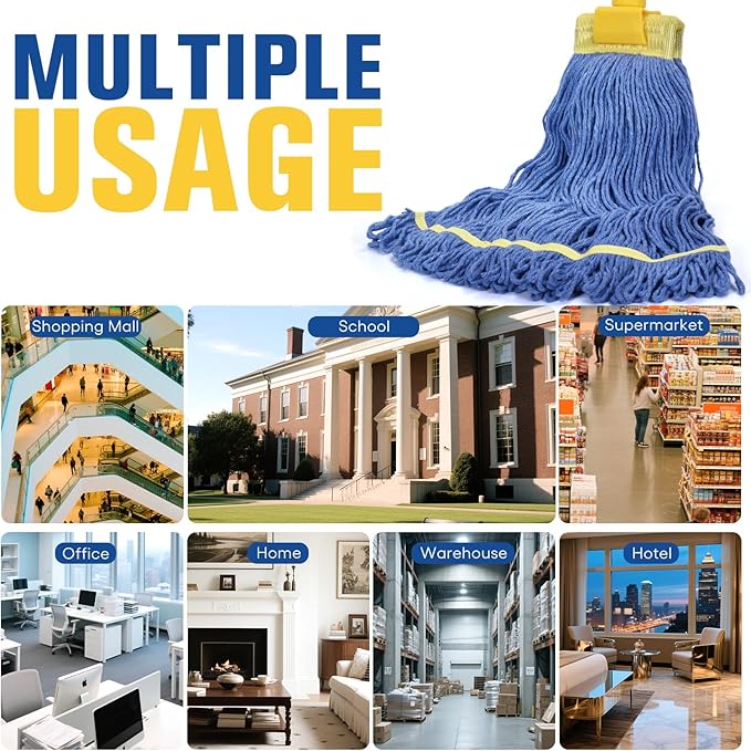 Matthew Cleaning Commercial Mop Head Replacement, 5 Inch Wide Headband, Looped End Cotton Blend String Wet Mops for Floor Cleaning, 24 oz Large, 6-Pack Blue