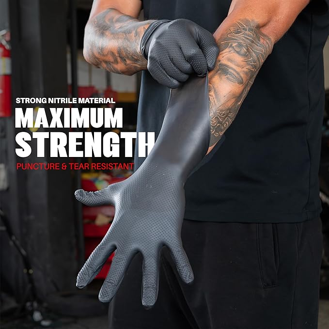 Herkules Grip Heavy Duty 8Mil Black Nitrile Gloves,3D Raised Diamond Texture-Latex & Powder-Free Industrial, Mechanic