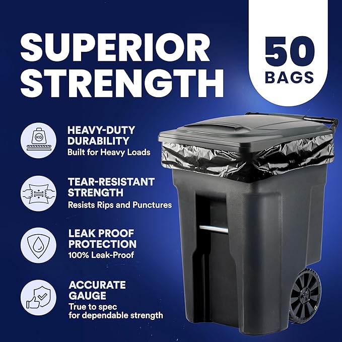 Plasticplace Black Trash Bags (50 Count) – Heavy Duty 64-65 Gallon Garbage Bags, Puncture Resistant, Large Trash Can Liners, Ideal for Toter Cans, Kitchen & Outdoor Use, 50" x 60" 1.5 Mil