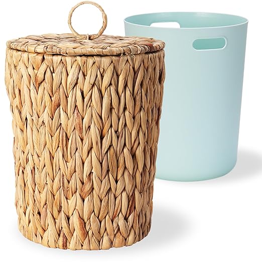 3 Gallons Wicker Waste Basket with Lid and Liner - Wicker Trash Can for Bedroom, Bathroom, Kitchen, Living Room - Boho Handwoven Water Hyacinth Garbage Can with Lid for Home, Office