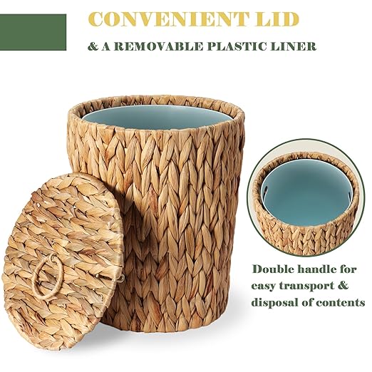 2 Gallon Wicker Trash Can with Lid - Bathroom Garbage Can with Removable Liner Bucket - Boho Hand Woven Water Hyacinth Wicker Waste Basket for Bedroom, Living Room, Home, Office