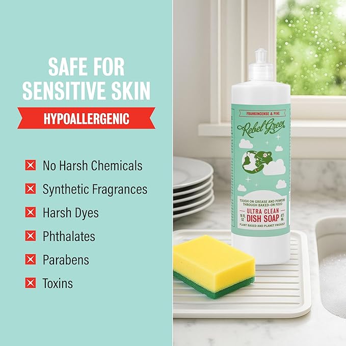 Rebel Green Super Deluxe Dish Soap - Natural Dishwashing Soap - Liquid Dish Detergent - Sustainable Dish Liquid Scented with Frankincense & Pine - (16 oz Bottles, 2 Pack)