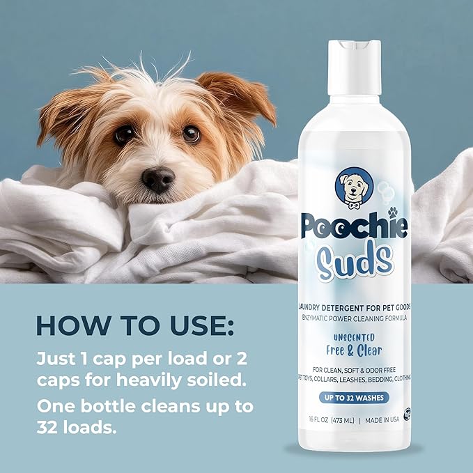 Poochie Suds Pet Laundry Detergent, Enzyme Cleaner and Odor Remover, Hypoallergenic and Fragrance-Free Pet Safe Detergent for Dog and Cat Bedding, Blankets, Toys and Gear, Made in USA, 16 fl oz