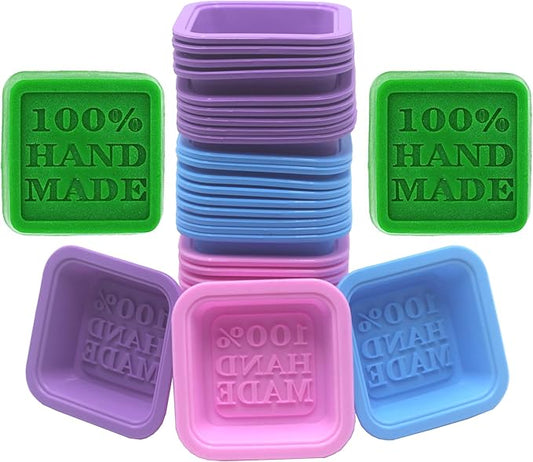 (30-Pack) DIY Handmade Soap Molds, Baking Molds, Cupcake Liners - 100% Handmade Square Silicone - - Microwave, Oven, Refrigerator, Freezer and Dishwasher Safe for Homemade Craft(Purple, Pink, Blue)