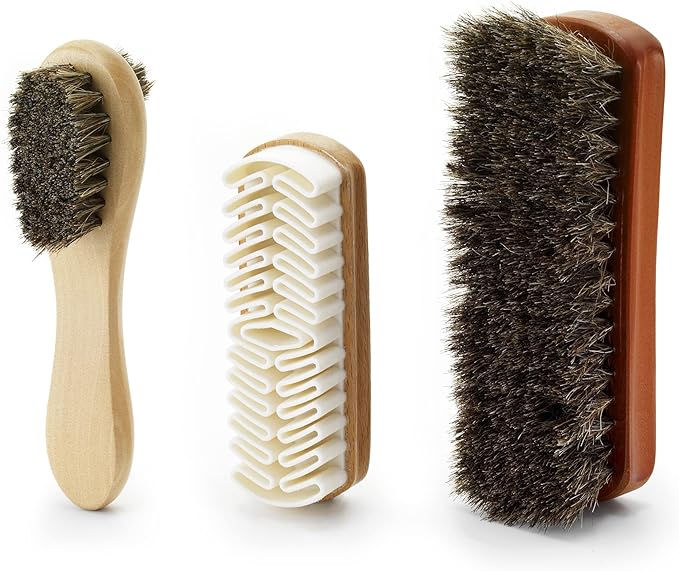 Variety Shoe Brush Kit - Double-Sided Shoe Polish Applicator & Horse Hair Brushes for Polishing - Nubuck & Suede Brush for Shoes, Soft Leather Cleaning with Microfiber Cloth