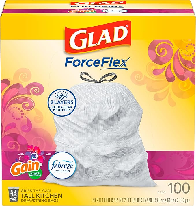 Glad ForceFlex Tall Kitchen Trash Bags, 13 Gallon, Gain Moonlight Breeze, 100 Ct (Package May Vary)