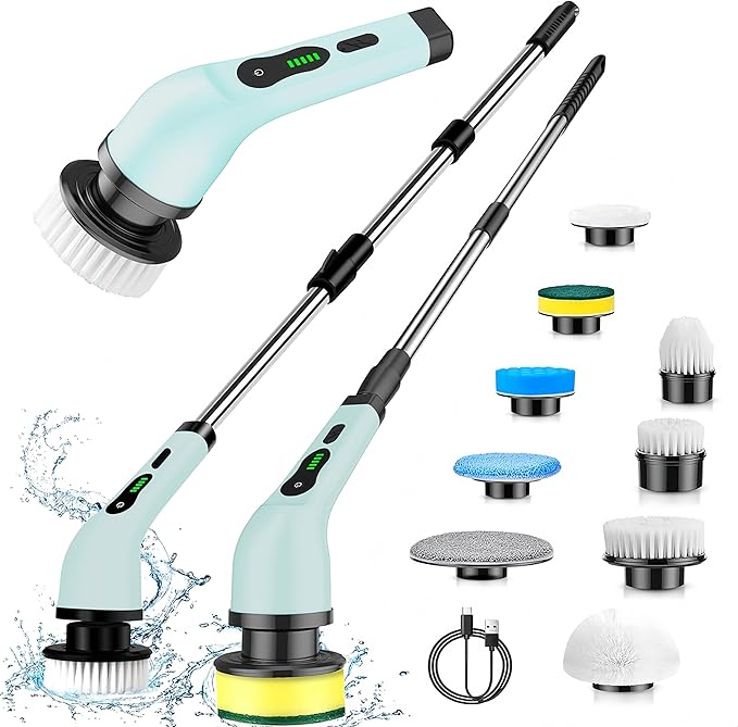 Electric Spin Scrubber Cordless - Grout Cleaner with 9 Attachments & Extension Handle, IPX7 Waterproof for Tile, Shower, Tub, Car & Bathroom, USB-C Rechargeable (Green)