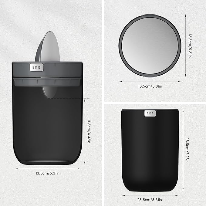 EKO Fandy 0.58 Gal/2.2L Mini Trash Can with Lid, Swing-Top Desktop Trash Can for Bathroom, Countertop, Vanity, Desk or Office, Small Garbage Bin (Black)