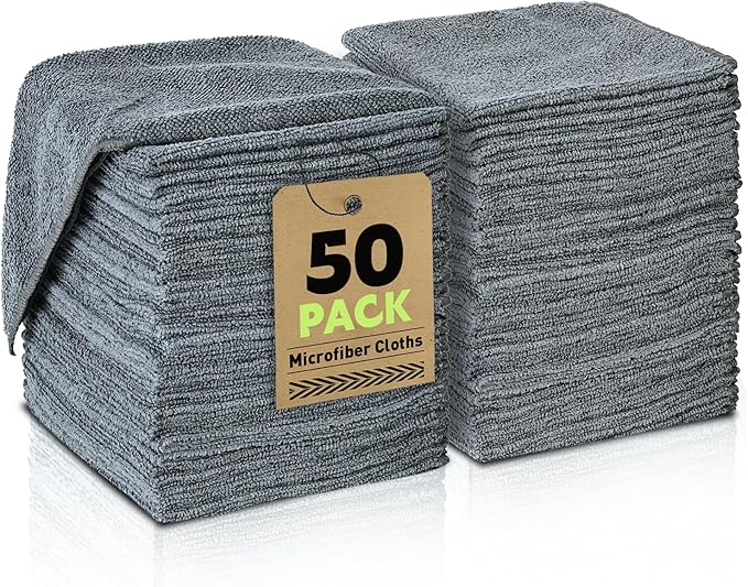 Microfiber Cleaning Cloths Bulk-50 Pack, Gray Microfiber Towels for Cars, Ultra Absorbent Microfiber Towel Weave Grime & Liquid for Streak-Free Mirror Shine - Car Washing Cloth, 12x12 inches