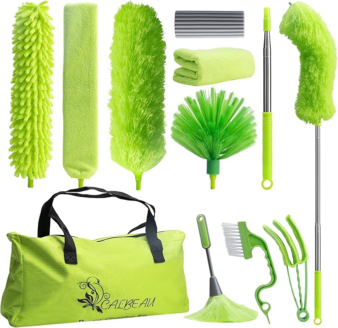 Microfiber Feather Duster with Extension Pole, Bendable Reusable Washable Dusters for Cleaning High Ceiling Fan, Cobweb, Blinds, Keyboard, Furniture & Cars, Duster Kit with Storage Bag (11 PCS)