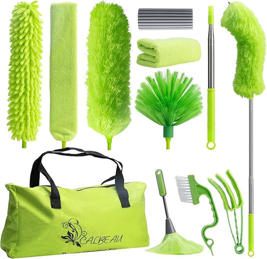 Microfiber Feather Duster with Extension Pole, Bendable Reusable Washable Dusters for Cleaning High Ceiling Fan, Cobweb, Blinds, Keyboard, Furniture & Cars, Duster Kit with Storage Bag (11 PCS)