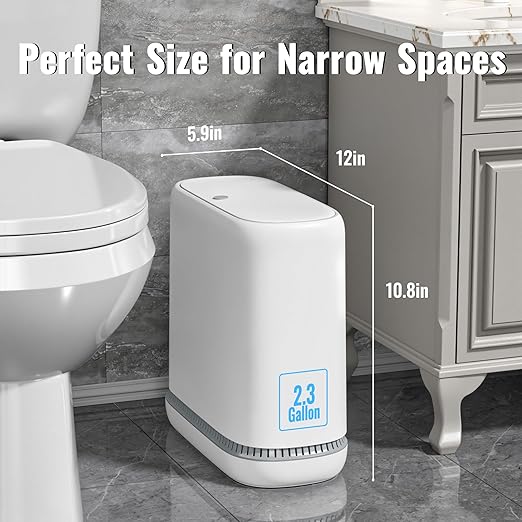 Spreezy Bathroom Trash Can with Lid, 2.3 Gallons / 8.6 L Small Waste Basket, Pneumatic Adhesion Style Garbage Can for Kitchen, Bedroom, Living Room, Office, Trash Bin Includes 5 Rolls of Trash Bags
