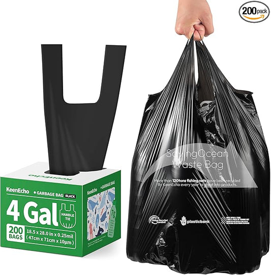 Small Trash Bags with Handles 4 Gallon 200 Count Black - Ocean Plastic Upcycling - Plastic Garbage Bags, Can Bin & Waste Basket Liner for Kitchen, Bathroom, Office and Pets