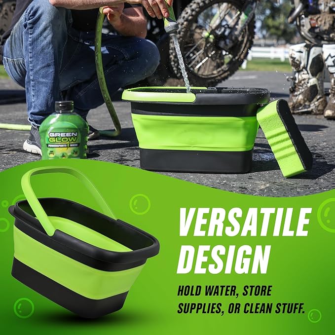 Grip Clean Collapsible Bucket - 5 Gallon Foldable Cleaning Bucket with Ribbed Bottom - Durable Car Wash Bucket for Household Chores, Camping, and Outdoor - Green