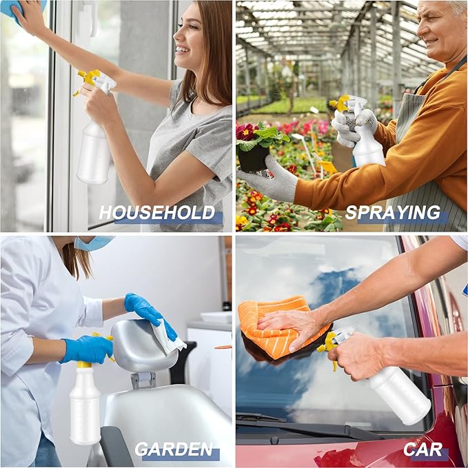 Zubebe 24 Pack 32 oz Plastic Spray Bottle Bulk Empty Leakproof Heavy Duty Spray Bottles for Cleaning Supplies Mist Bottles with Label and Adjustable Nozzle for Plant(Yellow,Clear Scale)