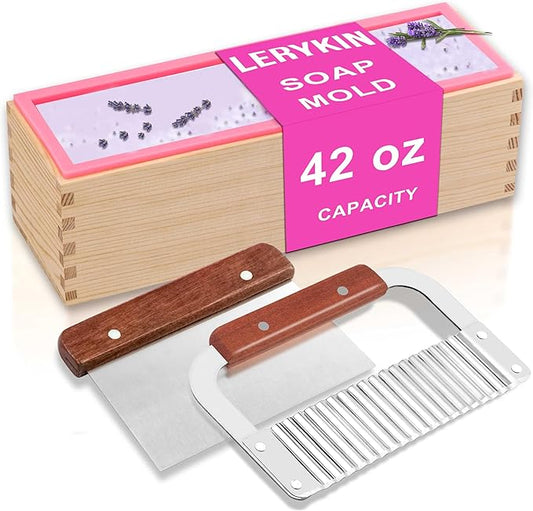 Rectangular Soap Mold Kit with Cutter- 42oz Flexible Silicone Loaf Soap Mold with Wood Box, Stainless Steel Wavy & Straight Scraper for Homemade Craft Soap Making Supplies