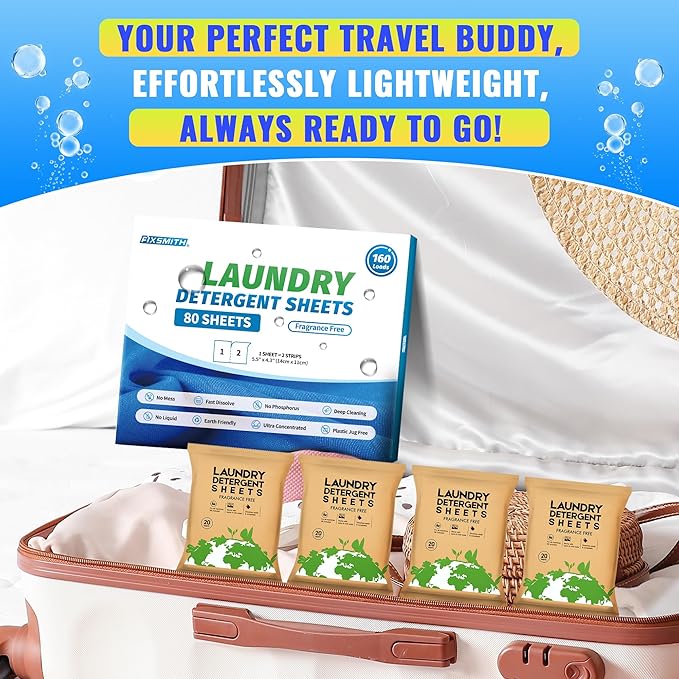 FIXSMITH Laundry Detergent Sheets - 160 Loads (80 Sheets) Fragrance Free - Hypoallergenic,Unscented,Eco Friendly Laundry Detergent Strips Concentrated Travel Detergent Sheets.Plastic-Free,Liquidless