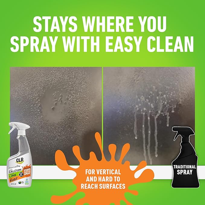 CLR Brands Calcium, Lime & Rust Remover with Cling, 22 oz. Spray Bottle, Adheres to Hard-to-Reach Surfaces, Blasts Calcium, Dissolves Lime Deposits, Zaps Stubborn Rust Stains and Hard Water Deposits