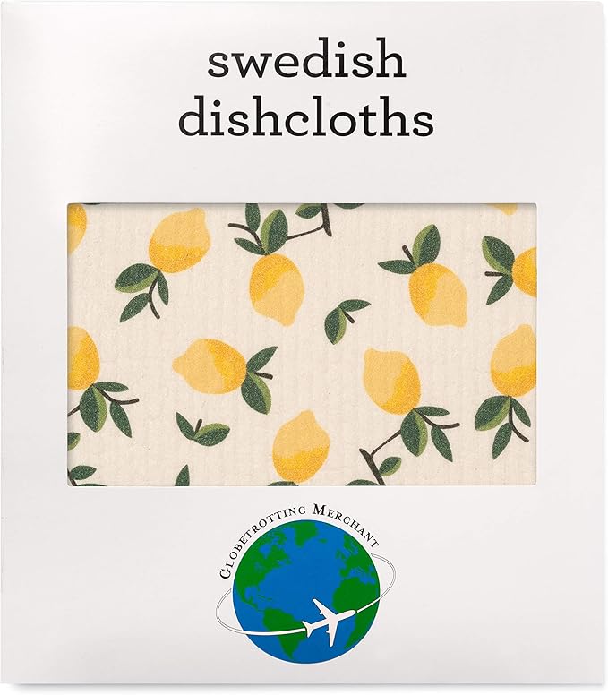 Swedish Dishcloths 3 Pack Yellow Lemons Print, Reusable Sponges Kitchen Cleaning Cloth Dish Scrubber, Machine Washable, Measures 7.87”x6.88 inches.