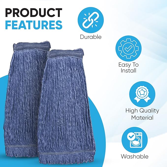 20oz Heavy Duty Cleaning Mop Head Replacement - 4 Pack - Commercial Replacement, Wet Industrial Blue Cotton Looped End String Head Refill