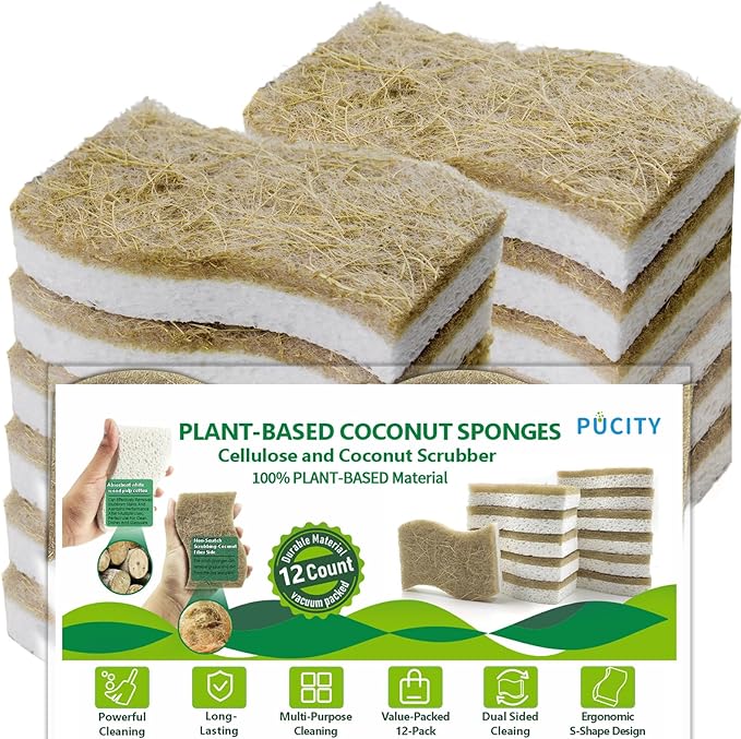 Sponges Kitchen Natural Dish Sponge Plant-Based Biodegradable Compostable Cellulose with Coconut Scrubber Sponge Non Scratch Pack of 12 Eco Friendly Kitchen sponges for Kitchen Dishes