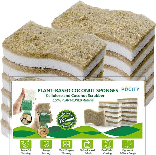 Sponges Kitchen Natural Dish Sponge Plant-Based Biodegradable Compostable Cellulose with Coconut Scrubber Sponge Non Scratch Pack of 12 Eco Friendly Kitchen sponges for Kitchen Dishes