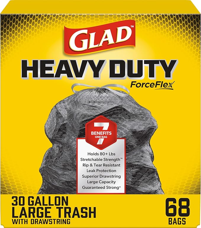 Glad Large 30 Gallon Trash Bags, Unscented Heavy Duty Garbage Bags, Forceflex with Drawstring, 68 Count (Packaging May Vary)
