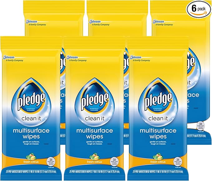 Pledge Multi-Surface Furniture Polish Wipes, Works on Wood, Granite, and Leather, Cleans and Protects, Fresh Citrus - Pack of 6 (150 Total Wipes)
