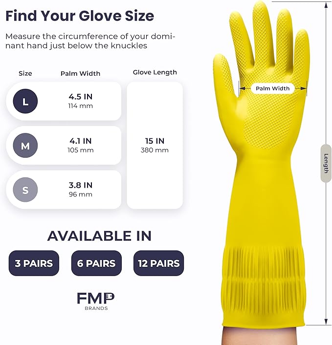 FMP Brands 3/6/12/60 Pairs 15 Inch Extra Long Rubber Dishwashing Gloves - Non-Slip for Cleaning, Kitchen, Bathroom, Gardening