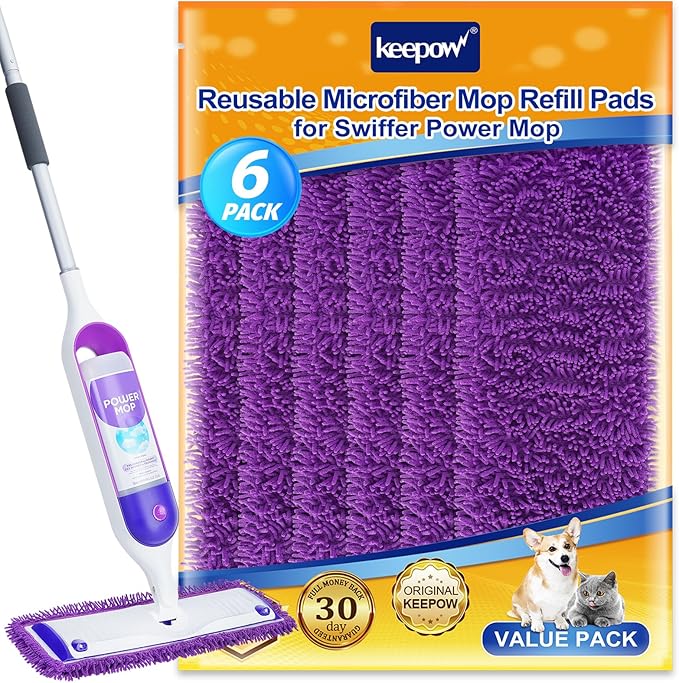 KEEPOW 6 Pack Reusable Mop Pads Compatible with Swiffer PowerMop, Wood Floor Pads Microfiber Mop Replacement Refills Machine Washable for All Floor Surfaces