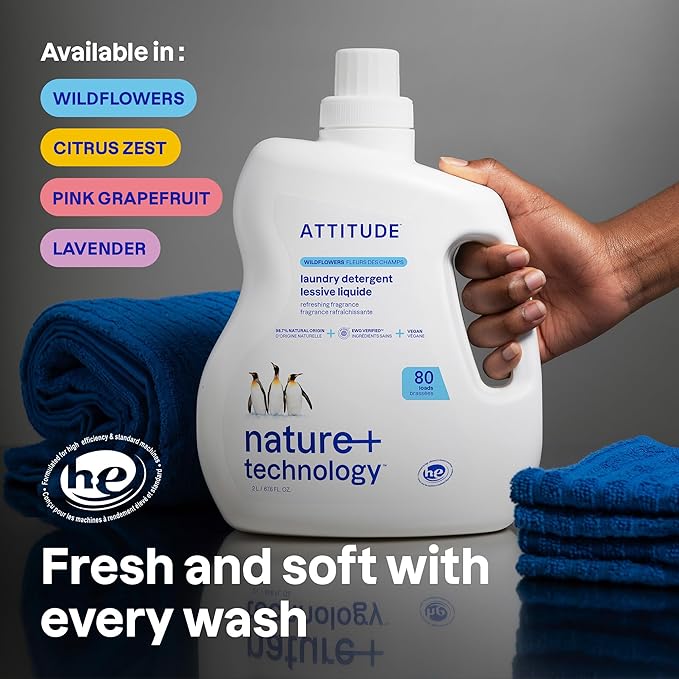 ATTITUDE Liquid Laundry Detergent, EWG Verified, HE Compatible, Plant-Based & Vegan, Natural Laundry Soap, Pink Grapefruit, 80 Loads, 67.6 Fl Oz