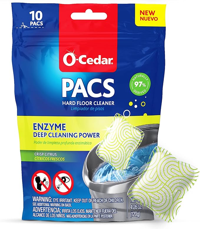 O-Cedar PACS Hard Floor Cleaner, Crisp Citrus Scent 10 Count (1-Pack) | Made with Naturally-Derived Ingredients | Safe to Use on All Hard Floors | Perfect for Mop Buckets