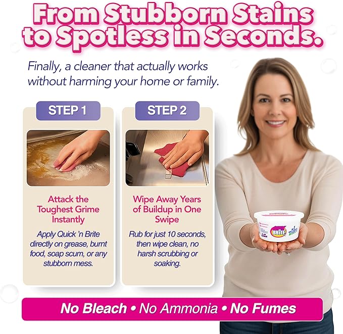 Quick 'n Brite All Purpose Cleaning Paste – Miracle Cleaner for Tough Stains | Eco-Friendly, Non-Toxic, Pet-Safe | Multi-Surface Stain Remover | Made in USA, 12oz (Pack of 2)