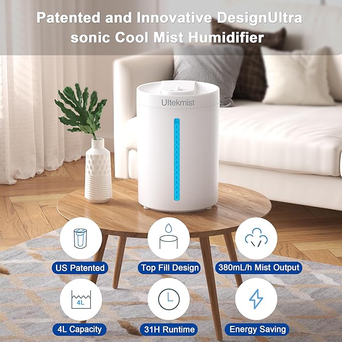 Humidifiers for Bedroom, 2 in 1 Cool Mist Humidifiers for Home, Large Room, Baby Nursery and Plants, 4L Top Fill Cool Mist Humidifier with Oil Diffuser, Nightlight, 31H Runtime, 30db (White)