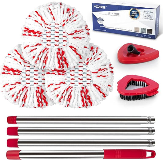 Spin Mop Head Replacement Base Handle Compatible with O Cedar EasyWring 1-Tank System, 3 Pack 40% More Cleaning Power Replace Heads, 1 Mop Handle, 1 Base and 1 Scrub Brush Combo Set