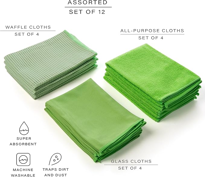 BINO Green Ombre 15x15 Inches Assorted Microfiber Cleaning Towel Set - Ultra Absorbent Cleaning Towels - All Purpose Microfiber Towels - 12 Pack
