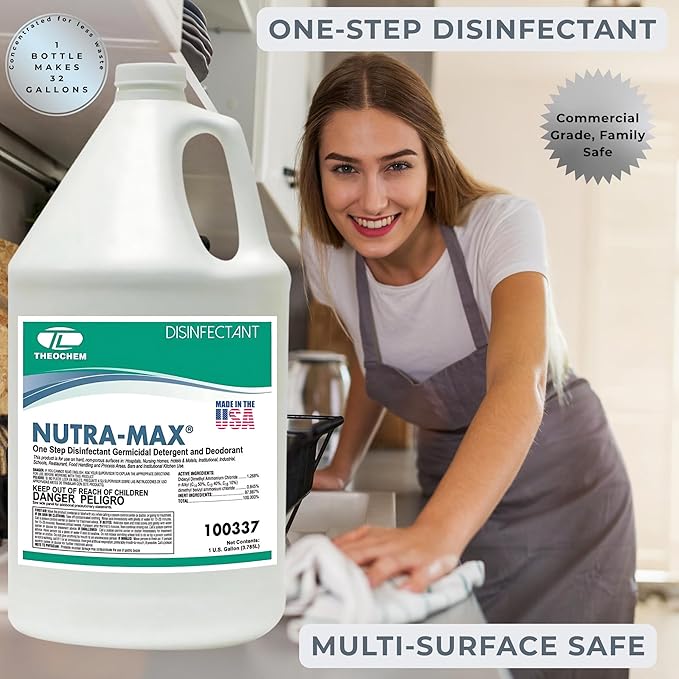 Nutra-Max Concentrated Hospital Grade Disinfectant, EPA List N Registered, Kills 99.9% Viruses & Bacteria, 1:32 Dilution Makes 32 Gallons, Commercial Strength Multi-Surface Cleaner