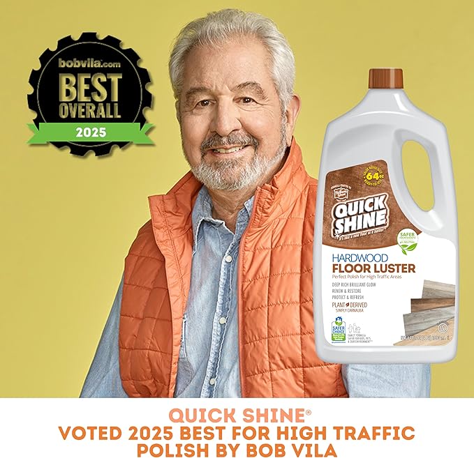 Quick Shine Hardwood Floor Luster-Polish 64oz-2pk Plant-Derived w/Carnauba Safer Choice, No PFAS, pH Neutral Ready to Use Formula w/Anti-Slip Technology Simply Squirt & Spread Made in USA