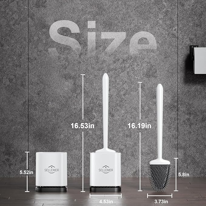 Sellemer Toilet Brush and Holder Set - Flexible Toilet Bowl Brush Head with Silicone Bristles, Compact Size for Storage and Organization, Ventilation Slots Base (1 Pack, White)