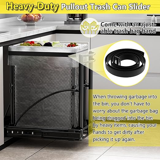 Under Sink Trash Can 7.4Gal 30Qt Pull Out Trash Can Under Cabinet ≥13" Wx17 Hx19 D, Cabinet Trash Can Pull Out Kit Sliding Garbage Bin Under Counter, with A Metal Basket (Black + Metal Basket)