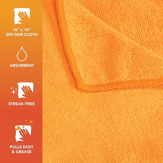 Arkwright Microfiber Cleaning Cloths - (Pack of 12) Large Lint & Streak-Free Drying Wash Towels, 300 GSM Super Absorbent & Quick Dry, Perfect Cleaner for Car, Glass, and Window, 16 x 16 in, Orange