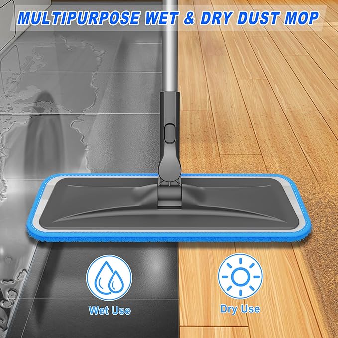 Microfiber Mops for Hardwood Floor Cleaning - BPAWA Flat Floor Mop with 4 Washable Pads for Laminate Wood Tile Vinyl Home Kitchen Bathroom - 59" Adjustable Handle