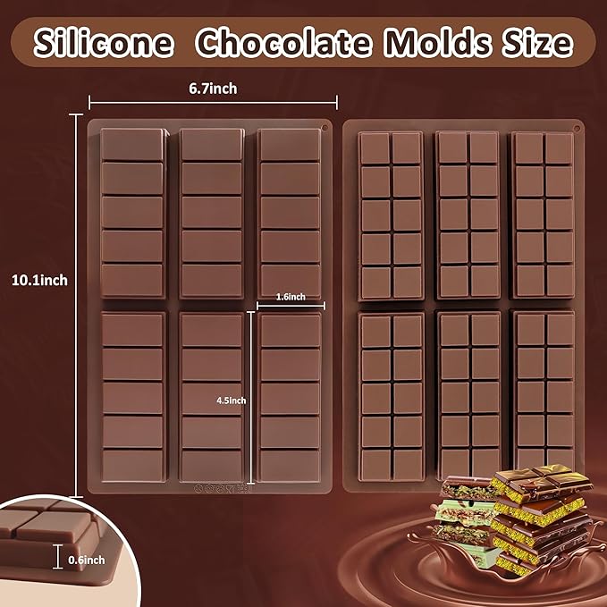 2 Pack Silicone Chocolate Bar Molds - Non-Stick Deep Dubai Chocolate Mold for Candy Bars, Pistachio, Homemade Energy,Protein Bars, Homemade Desserts (Reusable, Break Apart Design, Dishwasher Safe)