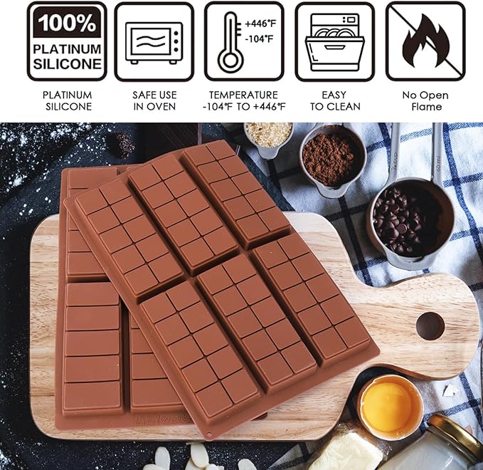 Palksky Chocolate Bar Mold Deep, 4PCS Silicone Chocolate Molds Thick for Dubai Chocolate Bar Pistachio, Non-Stick Thick Chocolate Bar Molds, Chocolate Making Supplies with 100PCS Bags